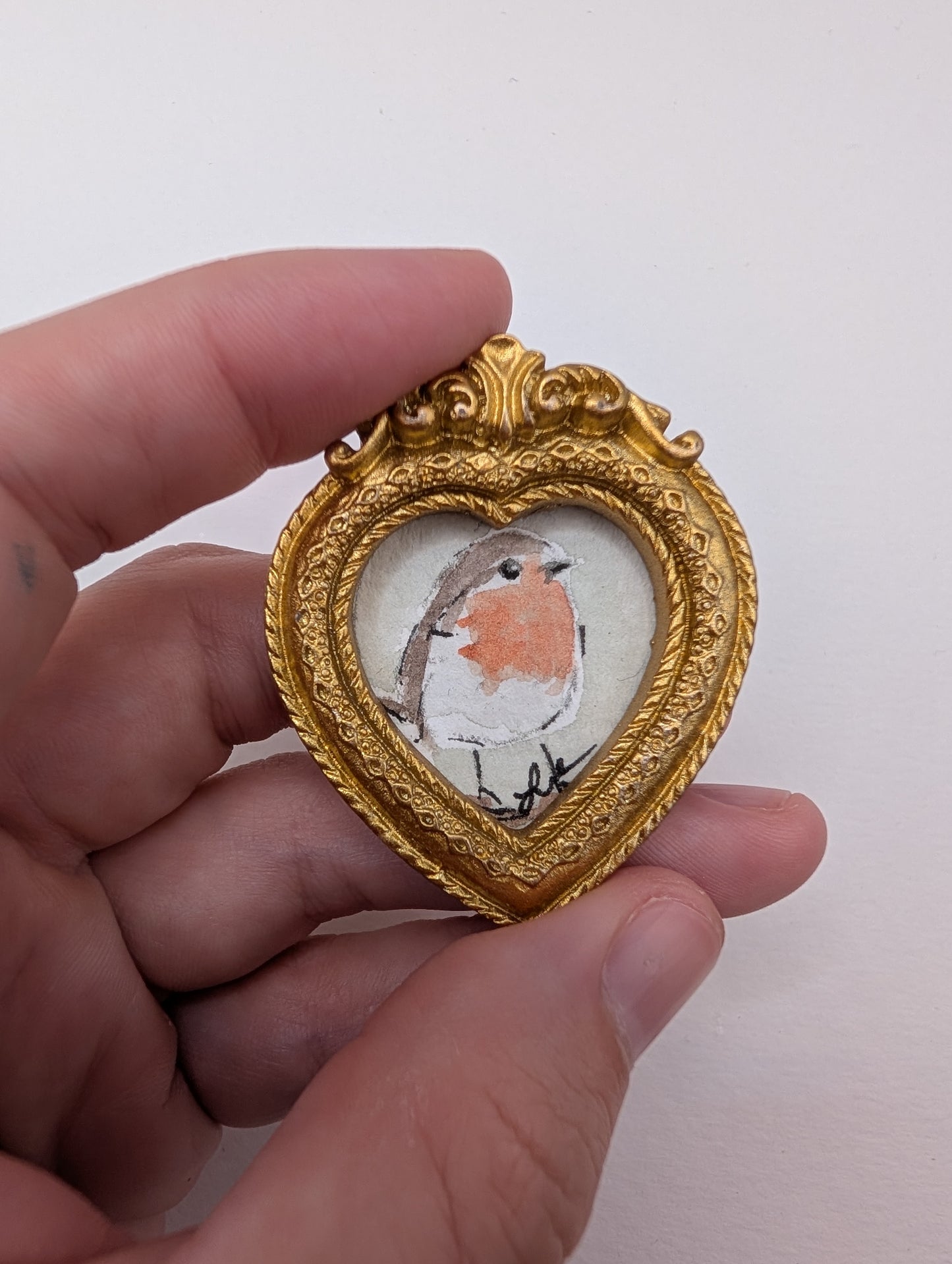 Mini Robin Bird in Heart Frame Painting - Original Watercolor Art by Lora Cavallin