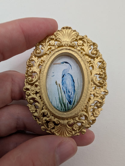 Tiny Blue Heron Watercolor Art Print - Dollhouse Size - With Gold Frame