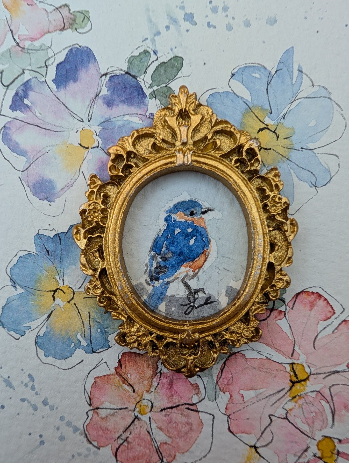 Mini Bluebird Painting - Original Watercolor Art by Lora Cavallin