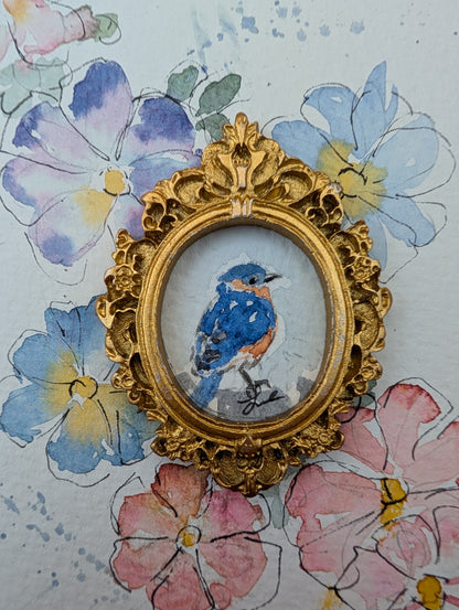 Mini Bluebird Painting - Original Watercolor Art by Lora Cavallin