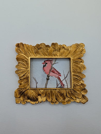 Mini Cardinal Bird Painting - Original Watercolor Art by Lora Cavallin