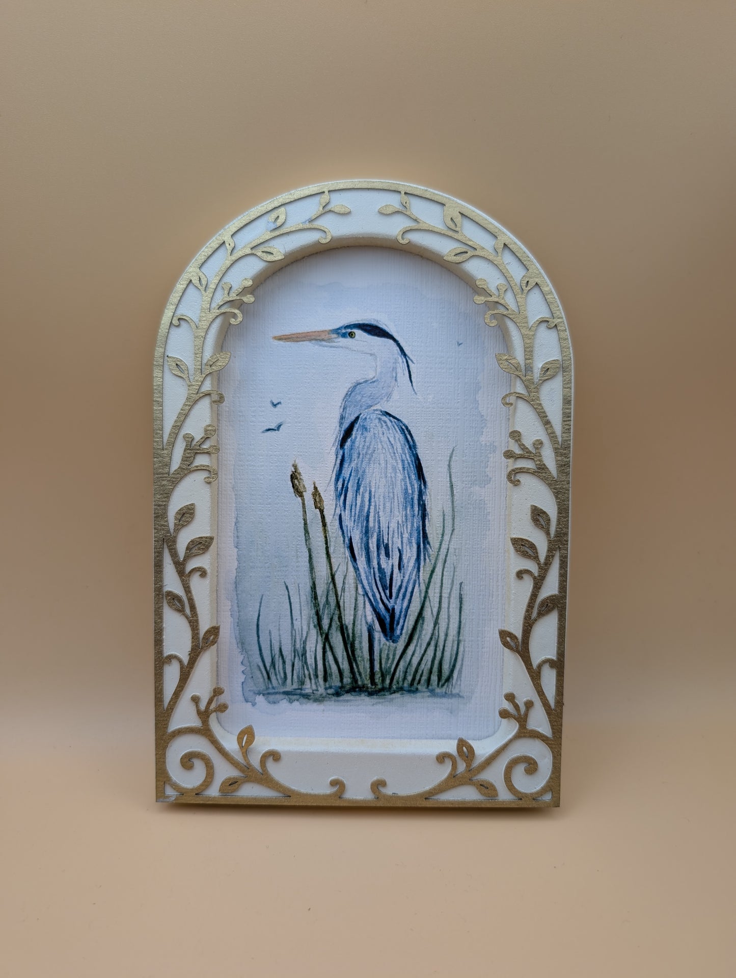 Blue Heron in Reeds - Arched Frame