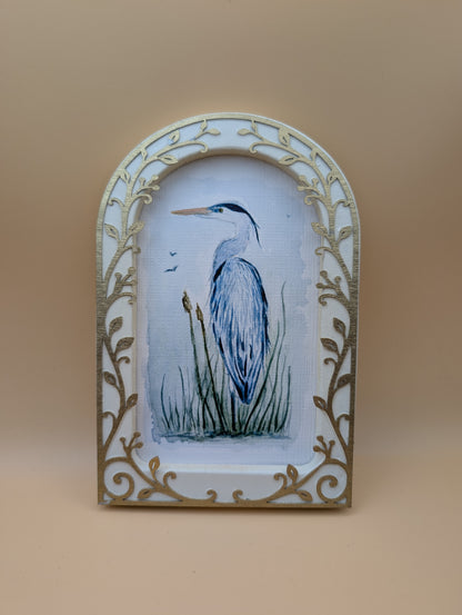 Blue Heron in Reeds - Arched Frame