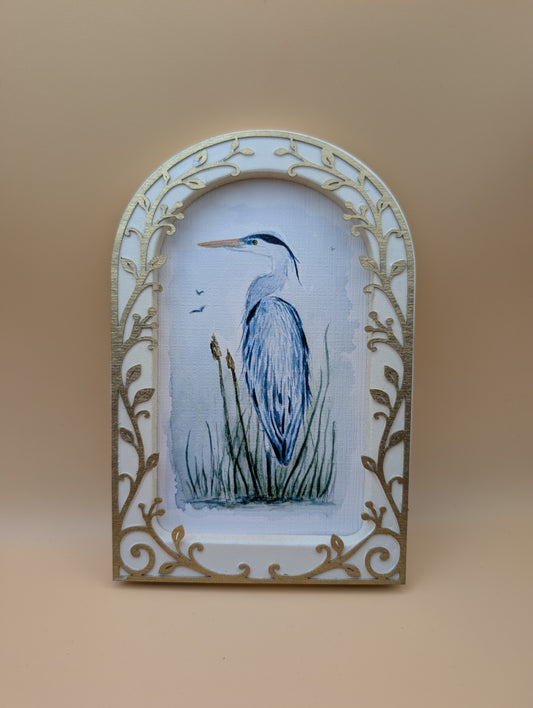 Blue Heron in Reeds - Arched Frame