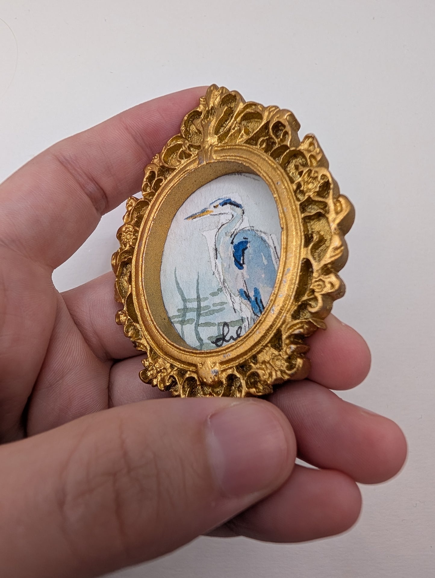 Mini Blue Heron Painting - Original Watercolor Art by Lora Cavallin