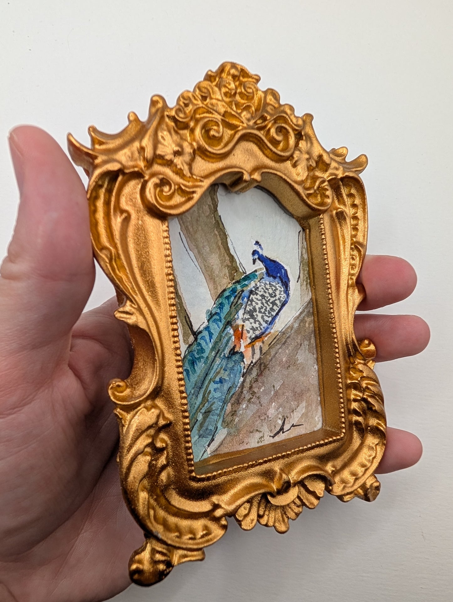 Mini Peacock Painting - Original Watercolor Art by Lora Cavallin