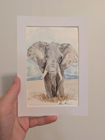 Elephant Watercolor Painting - 4 x 6" - No Frame, Comes with Mat - Original Art by Lora Cavallin
