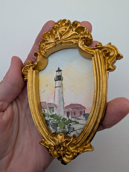 Mini Lighthouse Painting - Original Watercolor Art by Lora Cavallin
