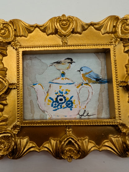 Mini Birds on Teapot Painting - Original Watercolor Art by Lora Cavallin