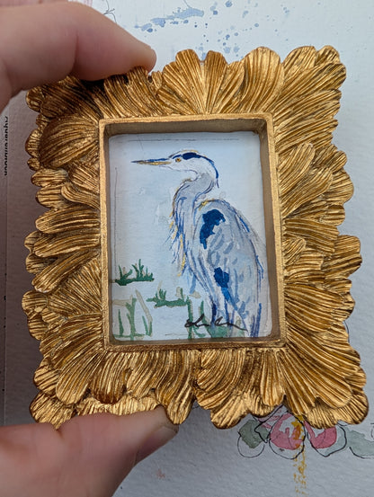 Mini Blue Heron Painting - Original Watercolor Art by Lora Cavallin