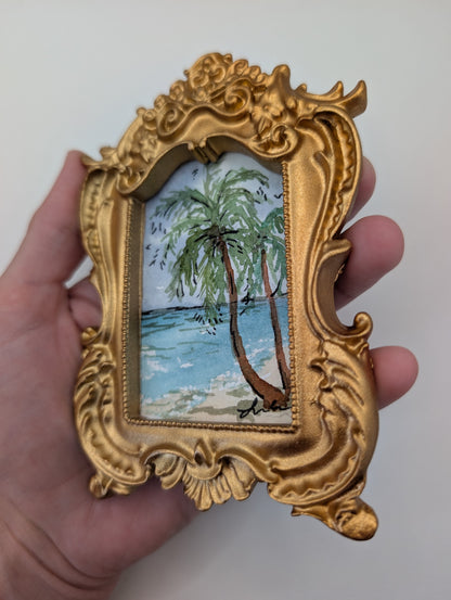 Mini Palm Tree Beach Painting - Original Watercolor Art by Lora Cavallin