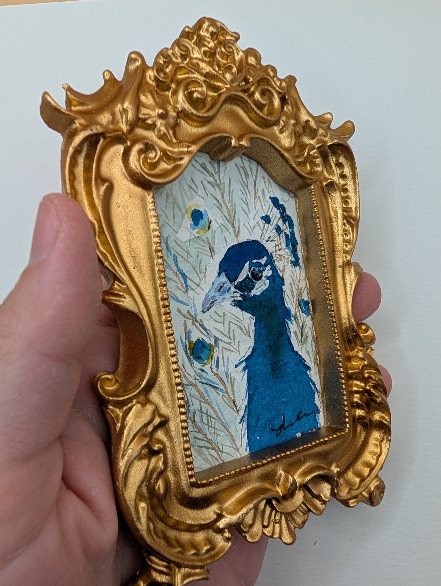 Mini Peacock Painting - Original Watercolor Art by Lora Cavallin