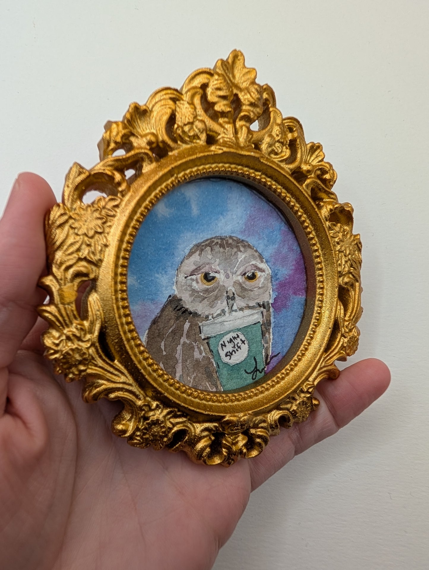 Mini Owl with "Night Shift" Coffee Painting - Original Watercolor Art by Lora Cavallin