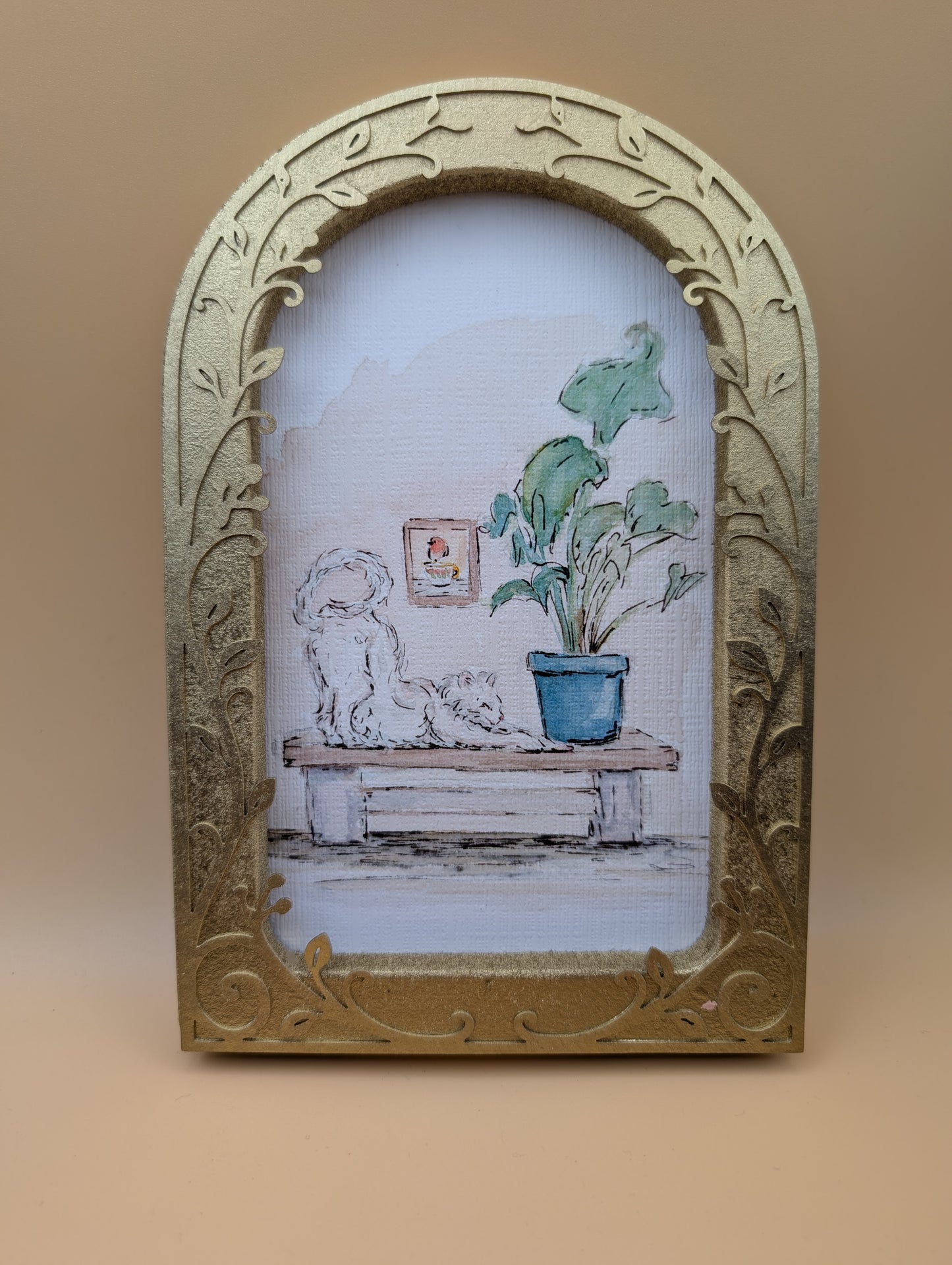 Comfy Cat Stretching - Arched Framed Print