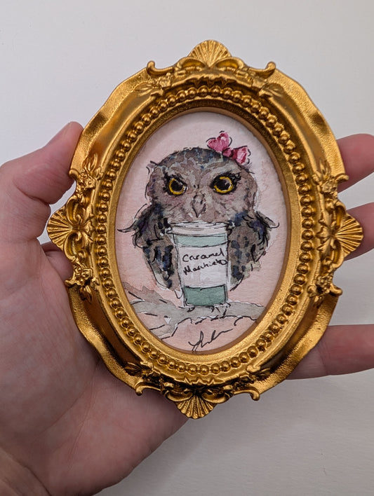 Mini Owl with Caramel Macchiato Painting - Original Watercolor Art by Lora Cavallin