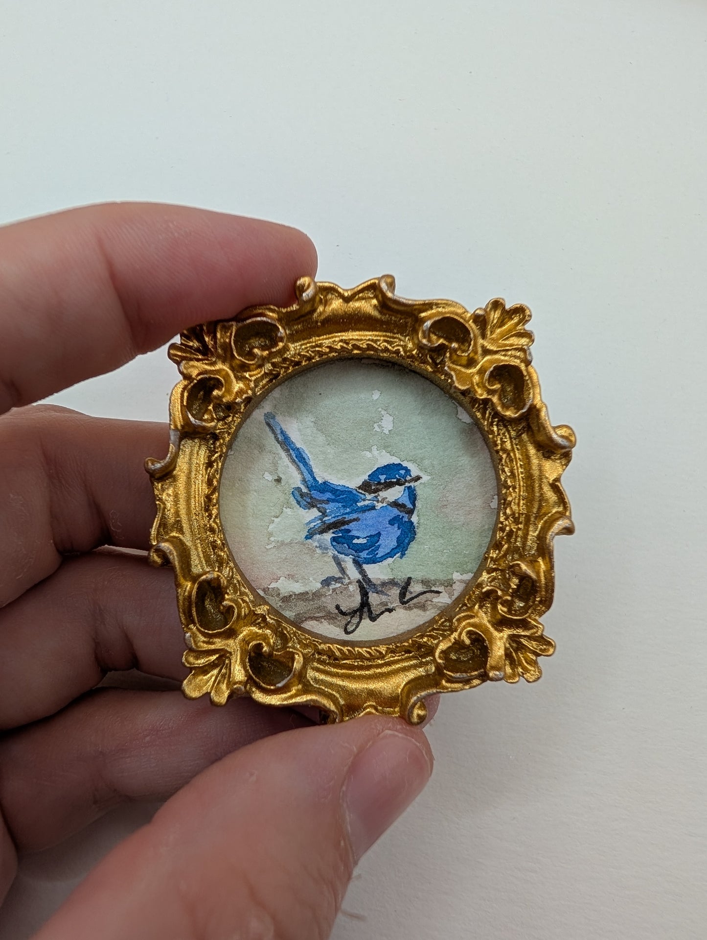 Mini Blue Fairy Wren Painting - Original Watercolor Art by Lora Cavallin