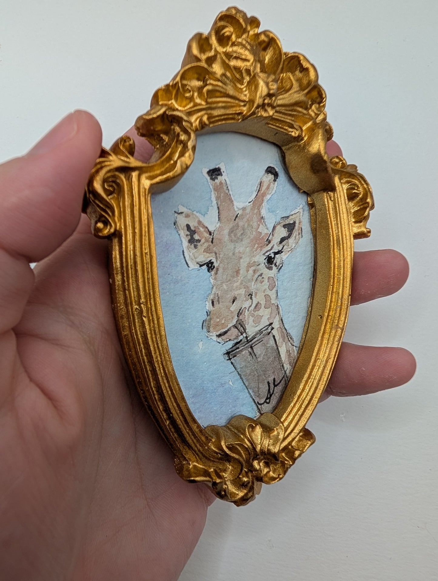 Mini Giraffe with Drink Painting - Original Watercolor Art by Lora Cavallin