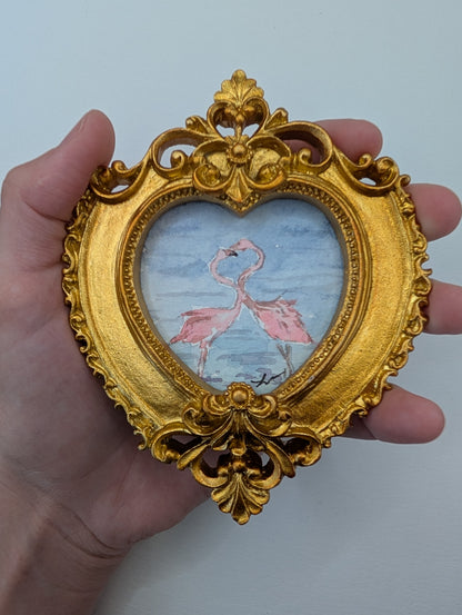 Mini Flamingos in Love Painting - Original Watercolor Art by Lora Cavallin