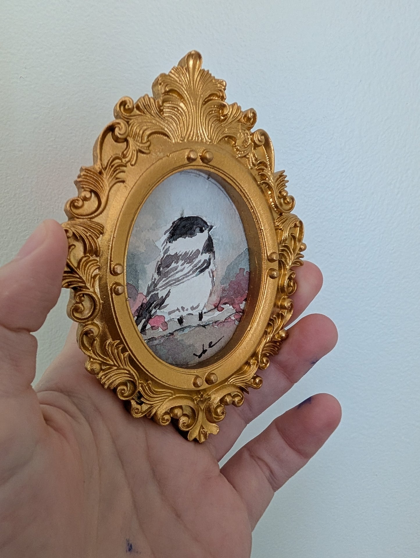 Mini Chickadee Bird Painting - Original Watercolor Art by Lora Cavallin