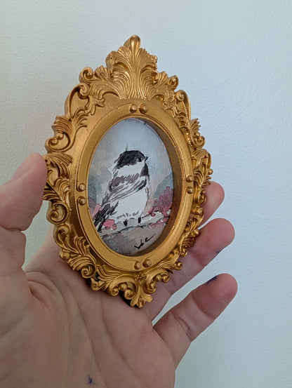 Mini Chickadee Bird Painting - Original Watercolor Art by Lora Cavallin