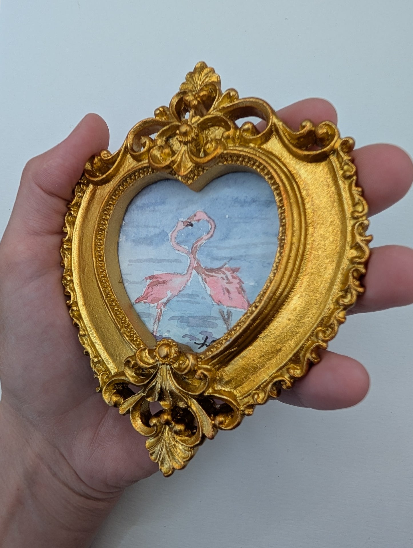 Mini Flamingos in Love Painting - Original Watercolor Art by Lora Cavallin