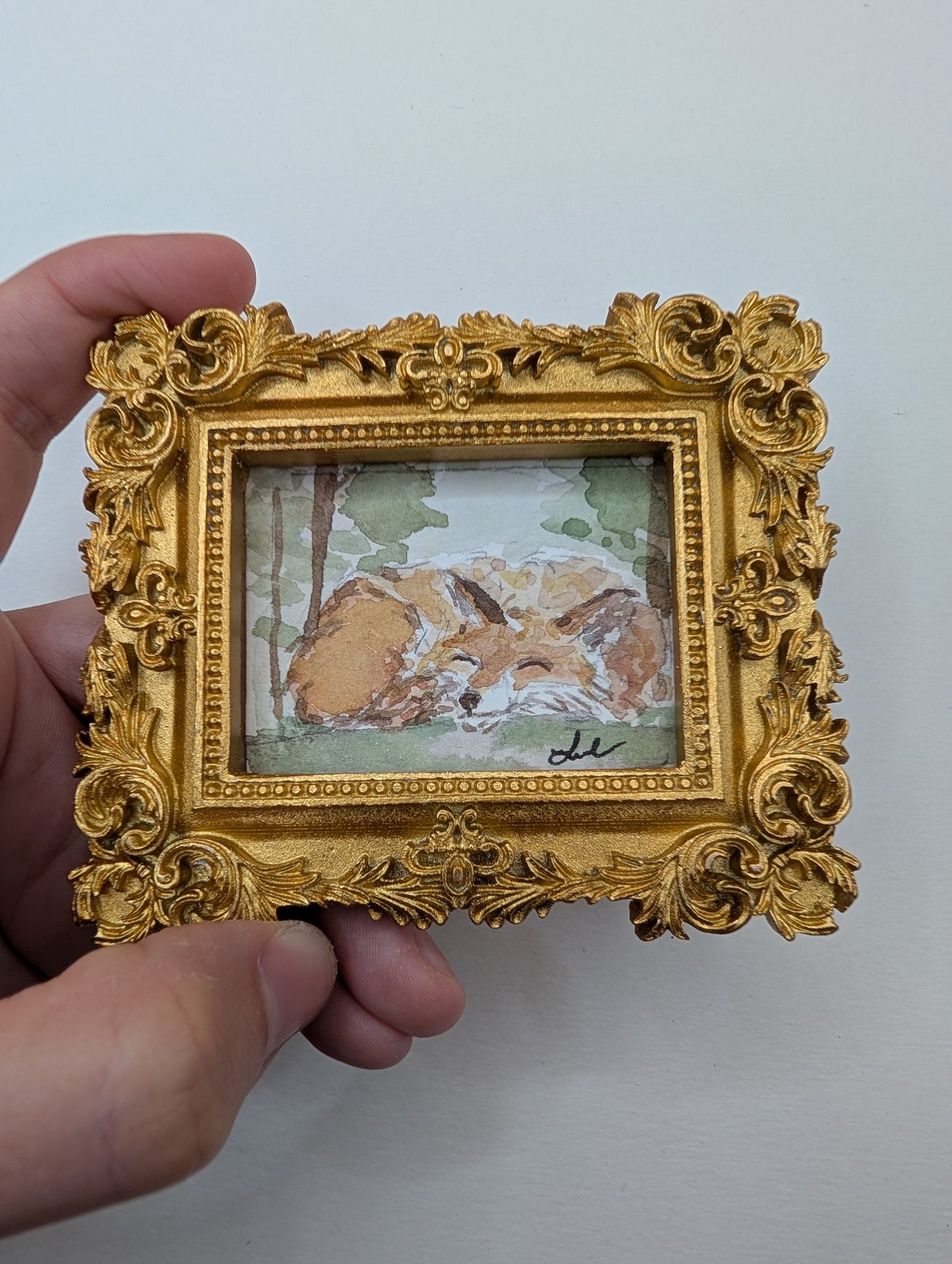 Mini Sleeping Fox Painting - Original Watercolor Art by Lora Cavallin