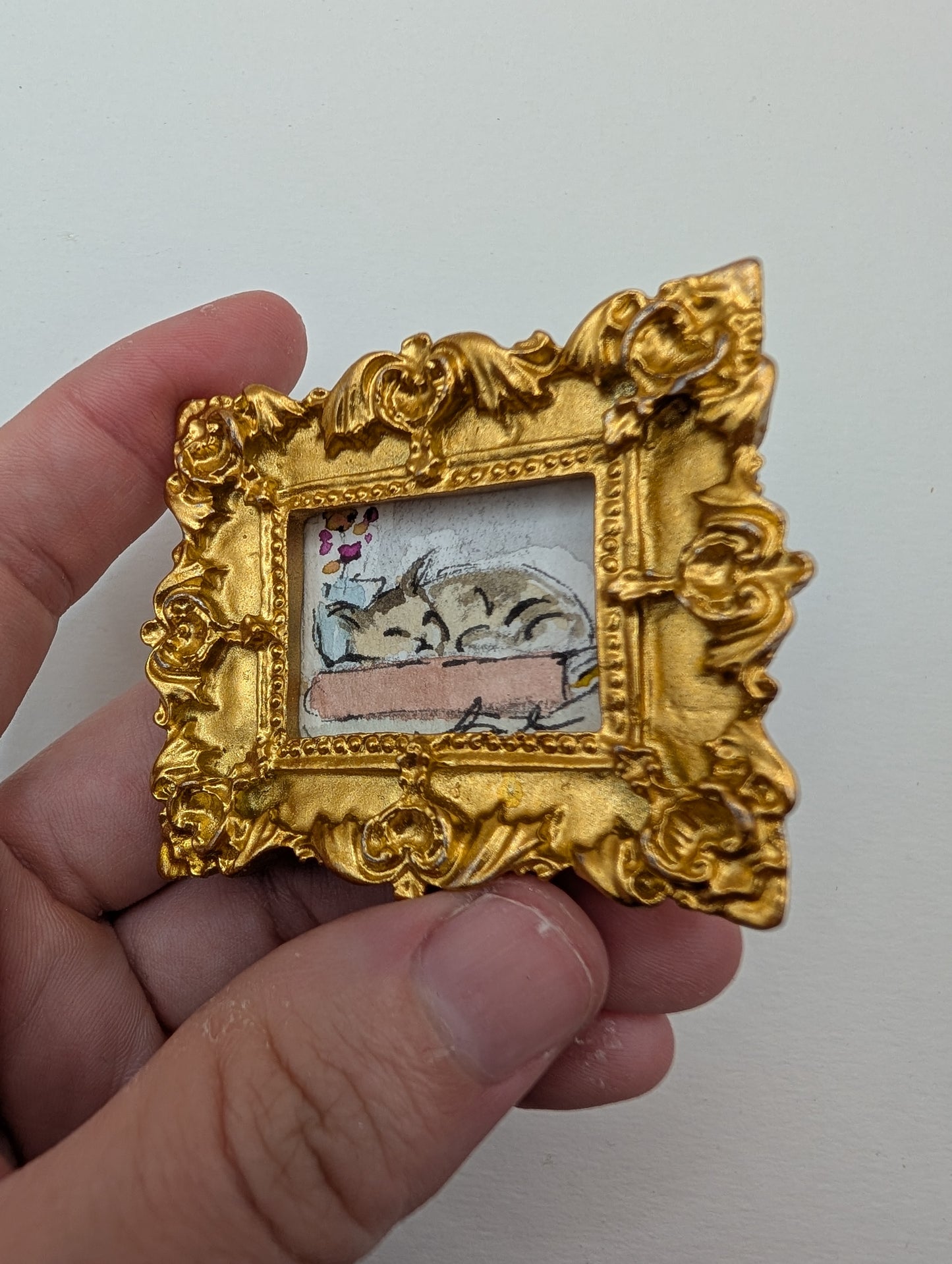 Mini Sleeping Cat Painting - Original Watercolor Art by Lora Cavallin
