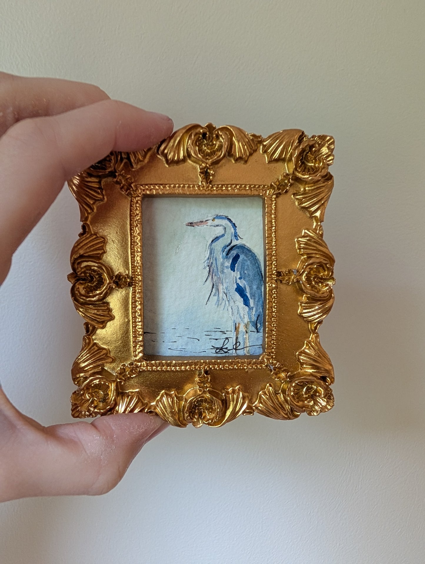Mini Blue Heron Painting - Original Watercolor Art by Lora Cavallin