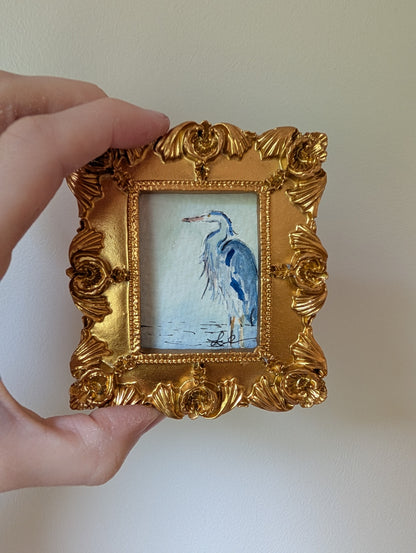 Mini Blue Heron Painting - Original Watercolor Art by Lora Cavallin
