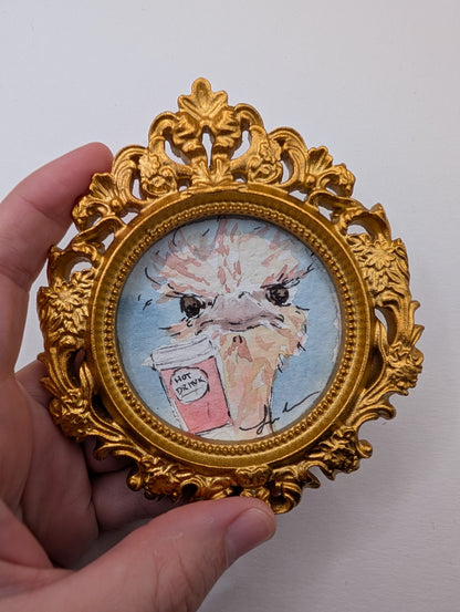 Mini Ostrich with Coffee Painting - Original Watercolor Art by Lora Cavallin
