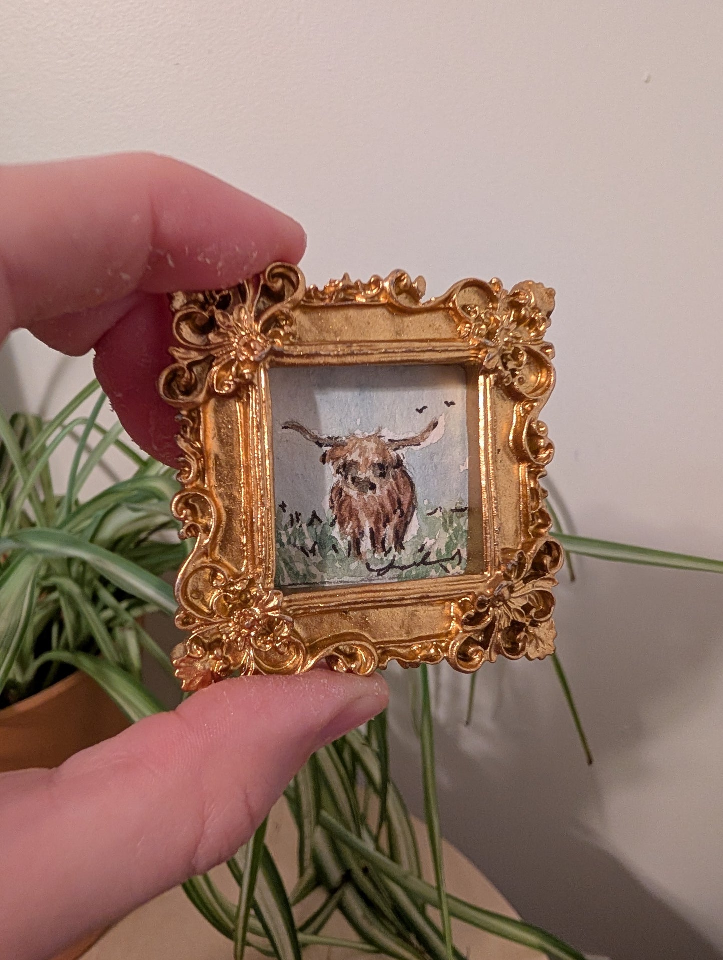 Mini Highland Cow Painting - Original Watercolor Art by Lora Cavallin