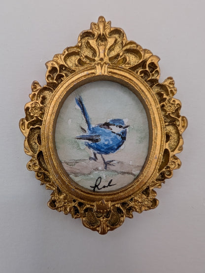 Mini Blue Fairy Wren Bird Painting - Original Watercolor Art by Lora Cavallin