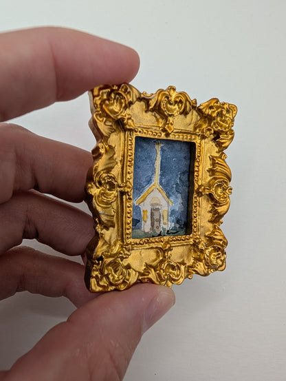 Mini Church at Night Painting - Original Watercolor Art by Lora Cavallin