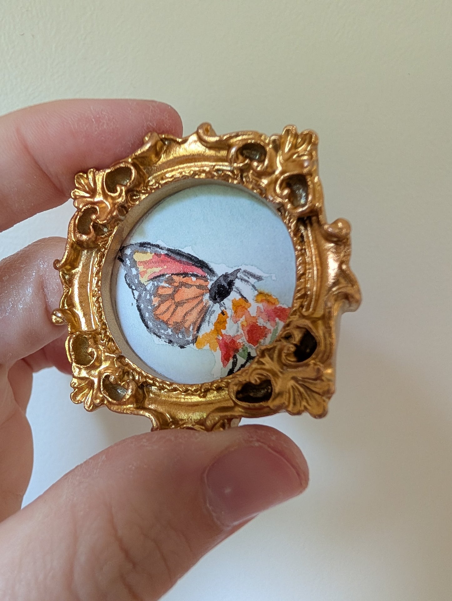 Mini Butterfly on Flower Painting - Original Watercolor Art by Lora Cavallin