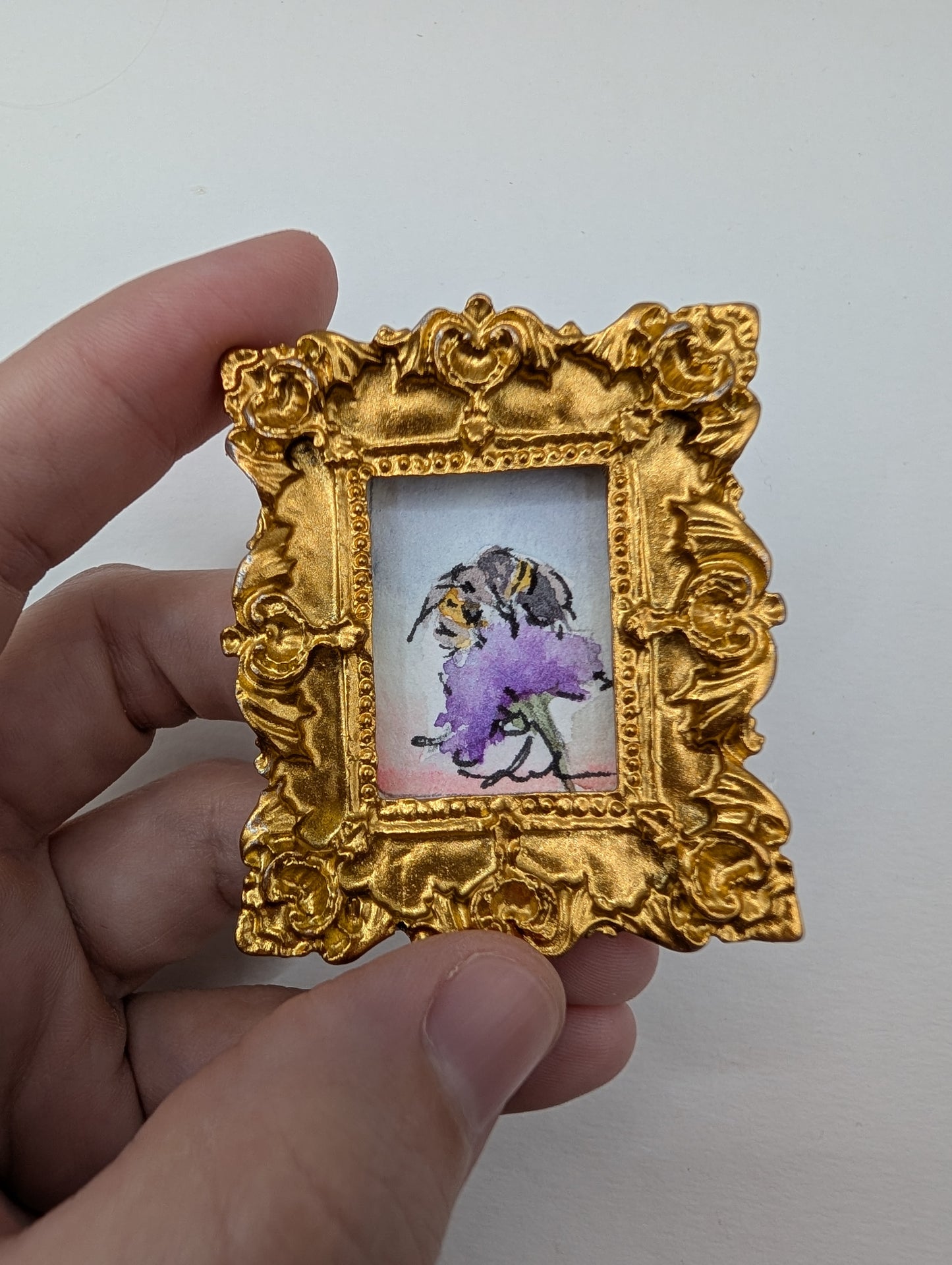 Mini Bee on Flower Painting - Original Watercolor Art by Lora Cavallin