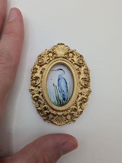 Tiny Blue Heron Watercolor Art Print - Dollhouse Size - With Gold Frame