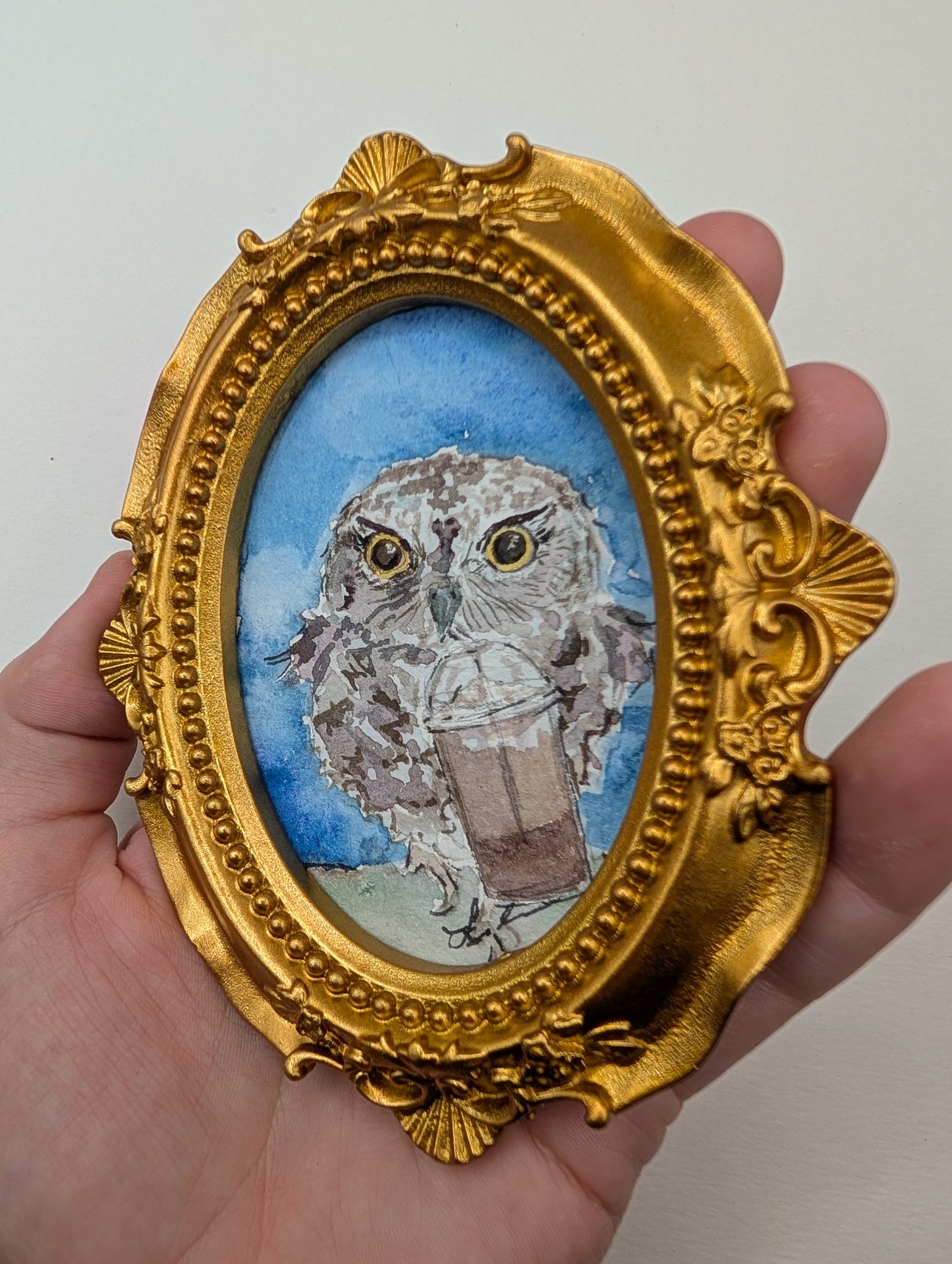Mini Owl with Frozen Coffee Painting - Original Watercolor Art by Lora Cavallin