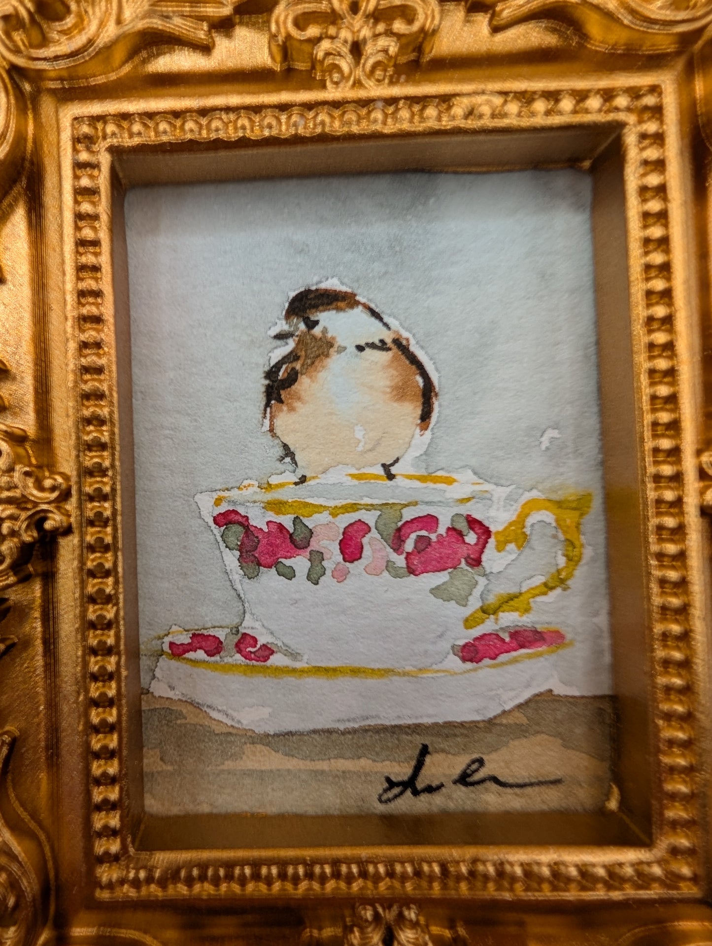 Mini Chickadee Bird on Teacup Painting - Original Watercolor Art by Lora Cavallin