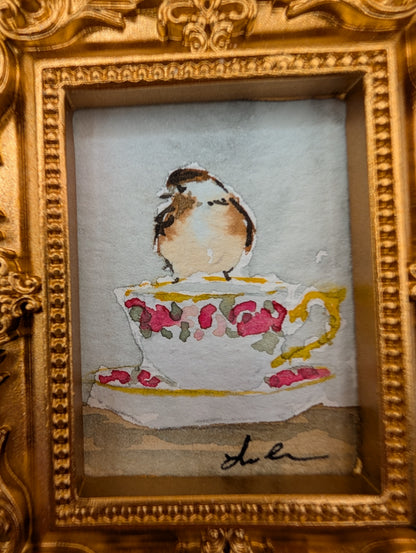 Mini Chickadee Bird on Teacup Painting - Original Watercolor Art by Lora Cavallin