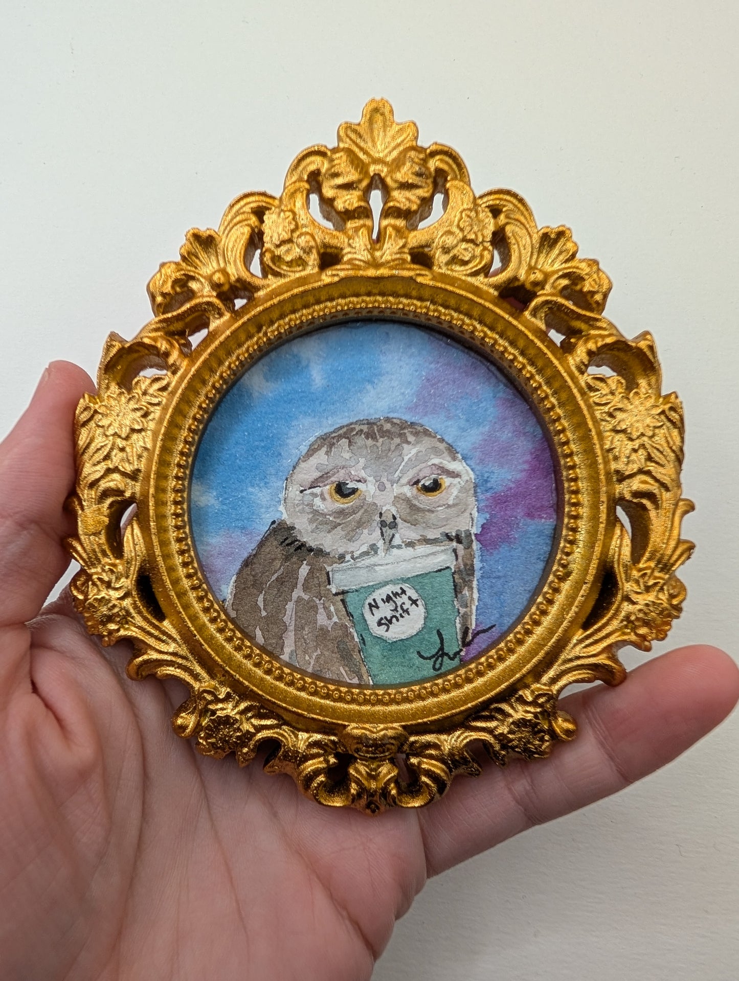 Mini Owl with "Night Shift" Coffee Painting - Original Watercolor Art by Lora Cavallin