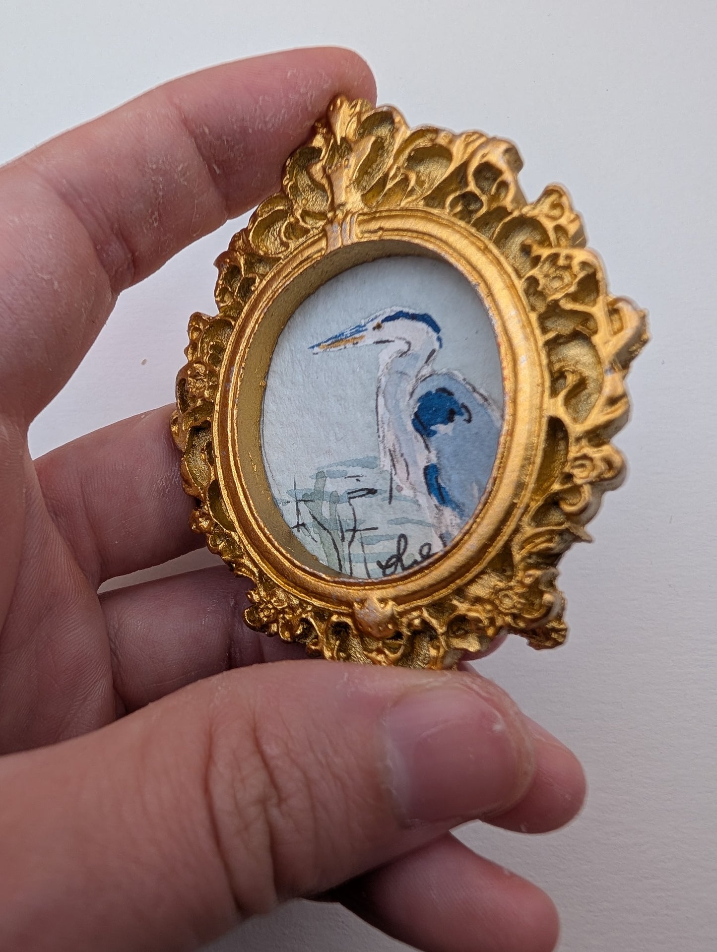 Mini Blue Heron Painting - Original Watercolor Art by Lora Cavallin