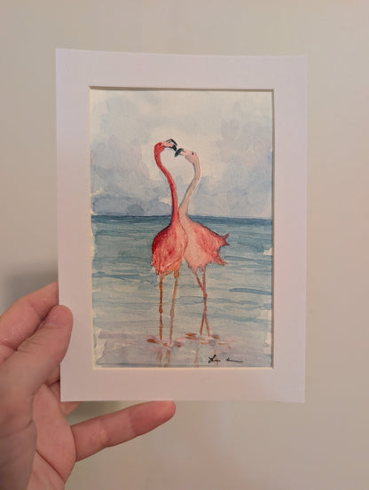 Flamingos in Love Watercolor Painting - 4 x 6" - No Frame, Comes with Mat - Original Art by Lora Cavallin