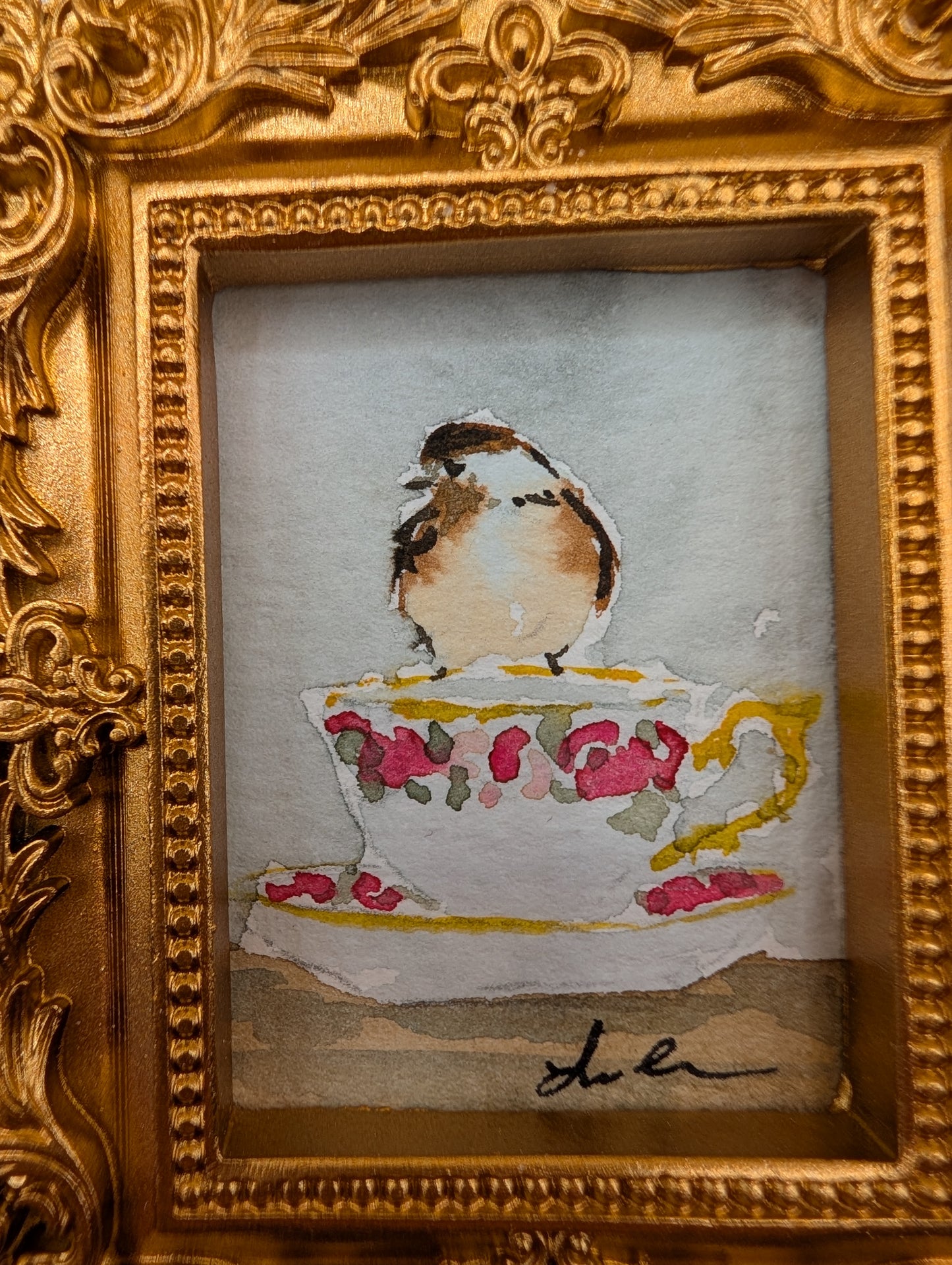 Mini Chickadee Bird on Teacup Painting - Original Watercolor Art by Lora Cavallin