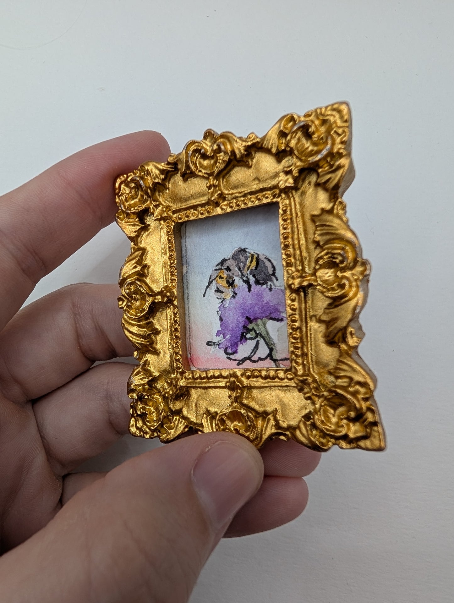 Mini Bee on Flower Painting - Original Watercolor Art by Lora Cavallin