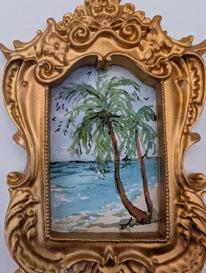 Mini Palm Tree Beach Painting - Original Watercolor Art by Lora Cavallin