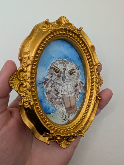 Mini Owl with Frozen Coffee Painting - Original Watercolor Art by Lora Cavallin