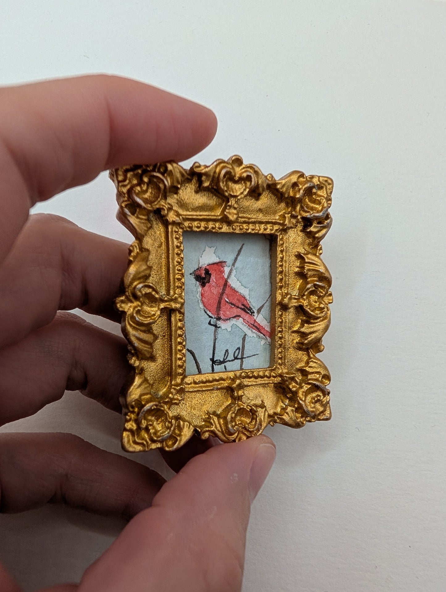 Mini Cardinal Bird Painting - Original Watercolor Art by Lora Cavallin
