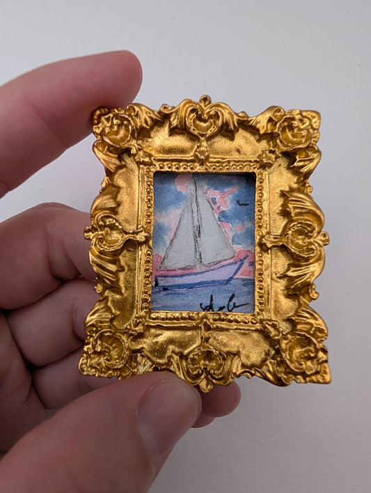 Mini Sailboat at Sunset Painting - Original Watercolor Art by Lora Cavallin