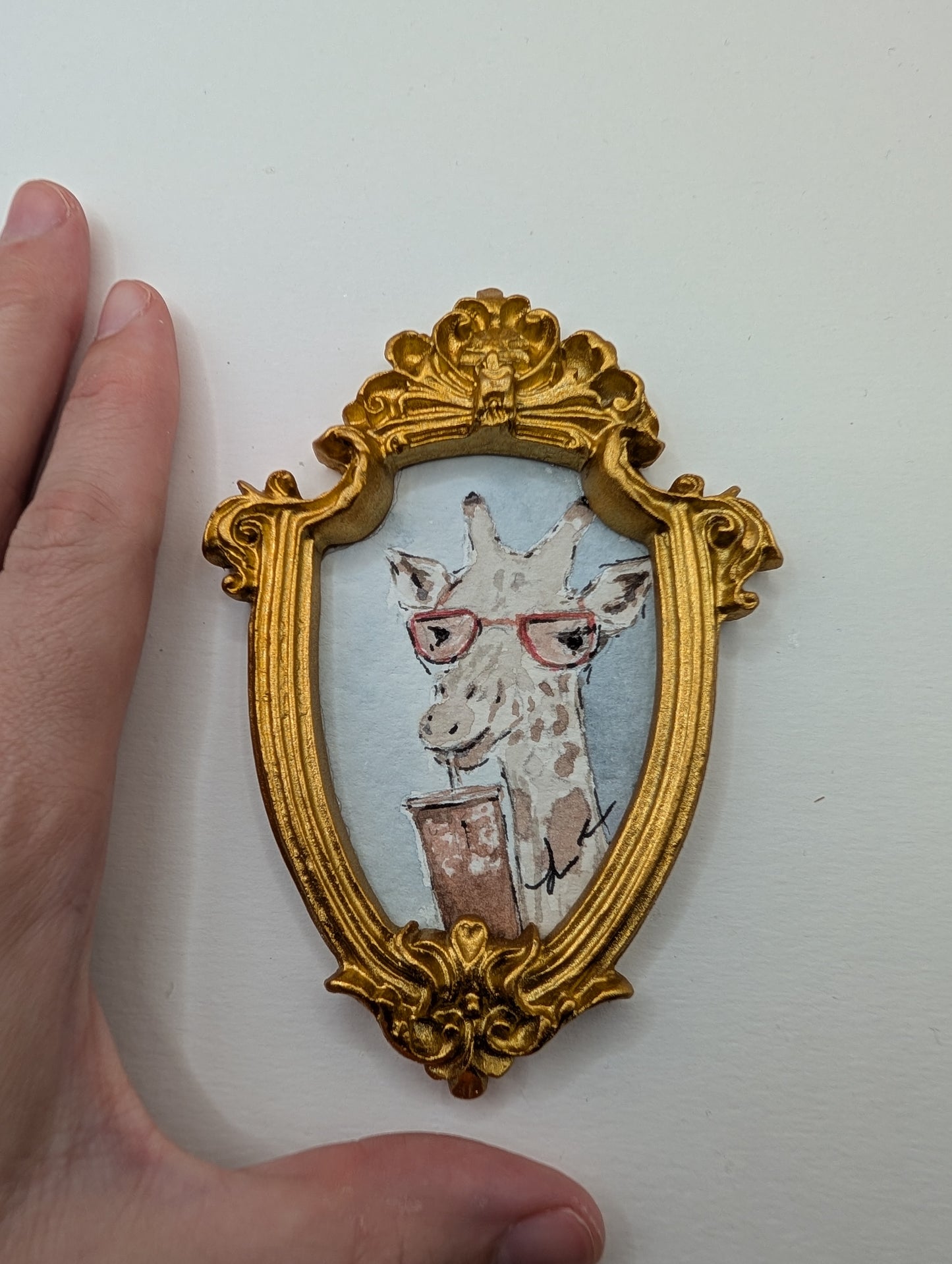 Mini Giraffe with Glasses and Drink Painting - Original Watercolor Art by Lora Cavallin
