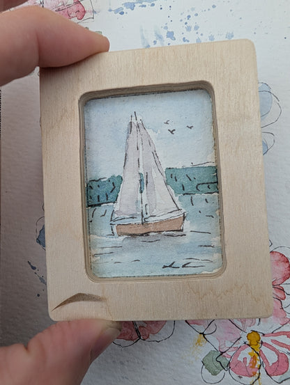 Mini Sailboat Painting - Original Watercolor Art by Lora Cavallin
